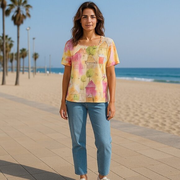 Alfred Dunner Square Neck Short Sleeve Top, Size Large, Yellow Pink Green - Picture 2 of 11